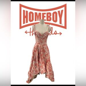 Black Halo Eve by Laurel Berman dress 
pink and coral floral brocade pattern.